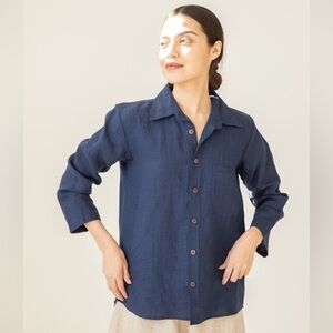 NWOT Vikilino 100% LINEN LOUNGE SHIRT Navy Blue Size OS